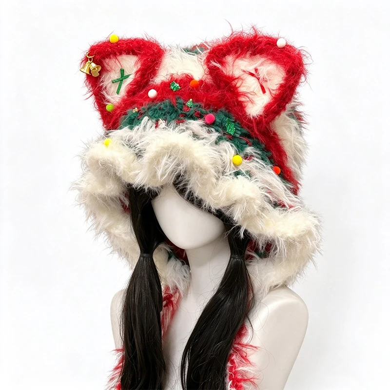 Handmade Chirstmas Red Fox Ear Hat Set Women Custom Crochet Plush Knit Beanie Girls Winter Warm Cosplay Funny Tree Accessory