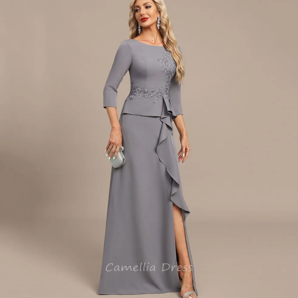 

Customized A Line Mother of the Bride Dress Appliques Wedding Guest Gown A Line O Neck Split Evening robe mother of bride