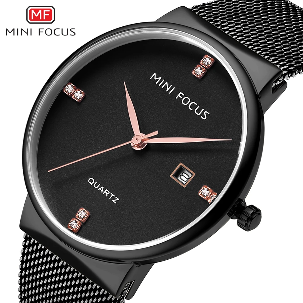 MINI FOCUS Men's Casual Dress Watch, Japanese Quartz, Date Window, Stainless Steel Mesh Band, Waterproof Wristwatch