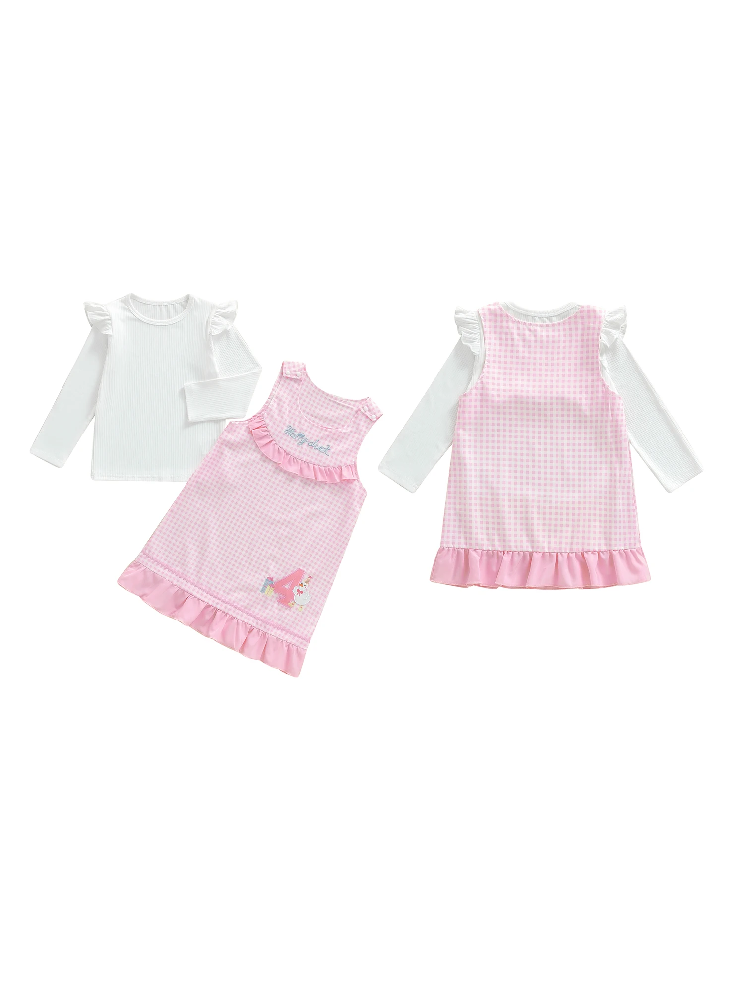 Dwuczęściowy zestaw dla dziewczynek: bluzka z długim rękawem i okrągłym dekoltem oraz sukienka ogrodniczka z denimu, strój urodzinowy dla dzieci.