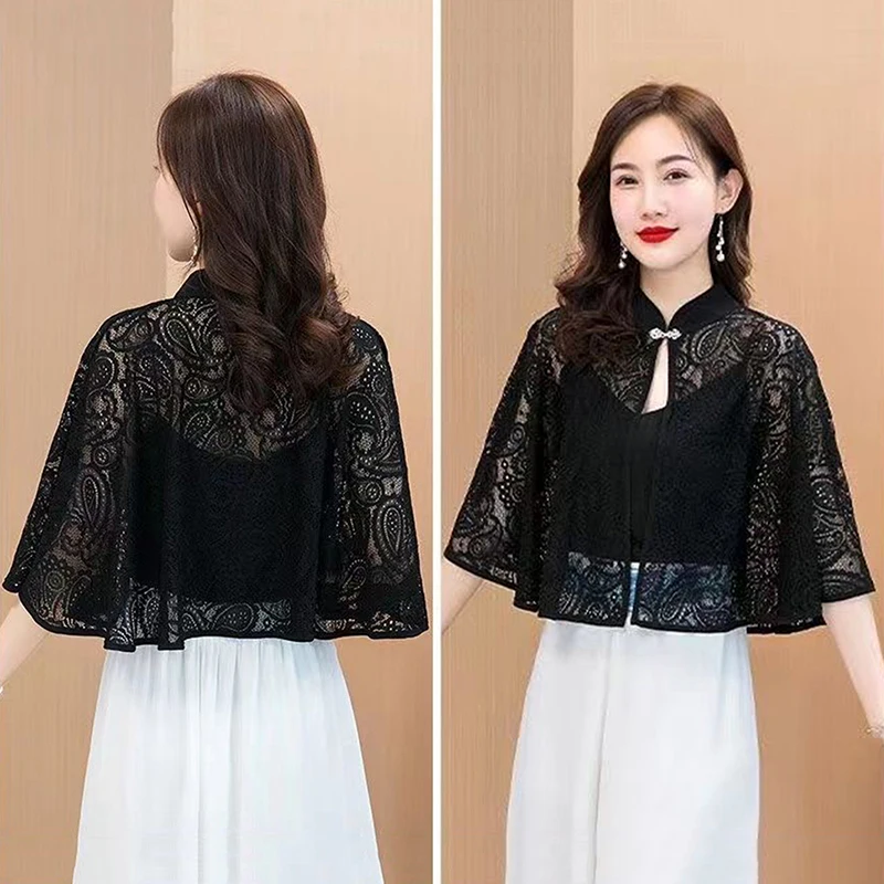Spring Summer Shawl Coat Thin Scarf Long Sleeve Lace Temperament Cardigan Outwear Shoulder False Collar Out All-match Ponchos view 2