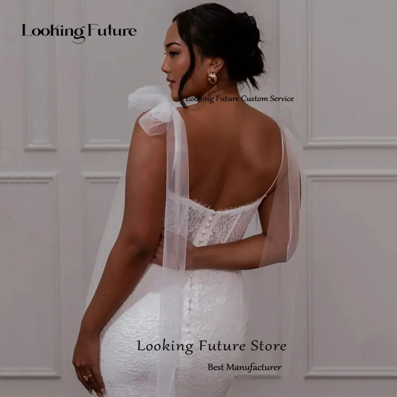 Elegante sereia vestido de casamento branco sexy sem alças plissado cintas de espaguete arco simples apliques de renda sem costas personalizado 2025