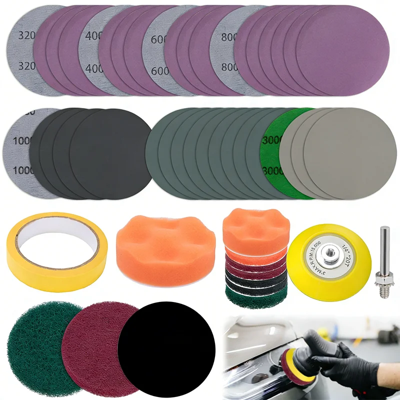 3Inch Hook Loop Sandpaper Kit 38/53Pcs with 1/4 Inch Shank Backing Scouring Pad Polishing Sponge Soft Interface Pad Masking Tap