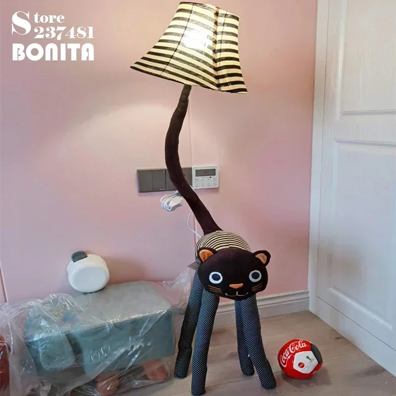Christmas Gift Floor Lamp Living Room Children Room Floor Light Canvas Catoon Animal Striped Cat Feet Adjustable Stand Lamp