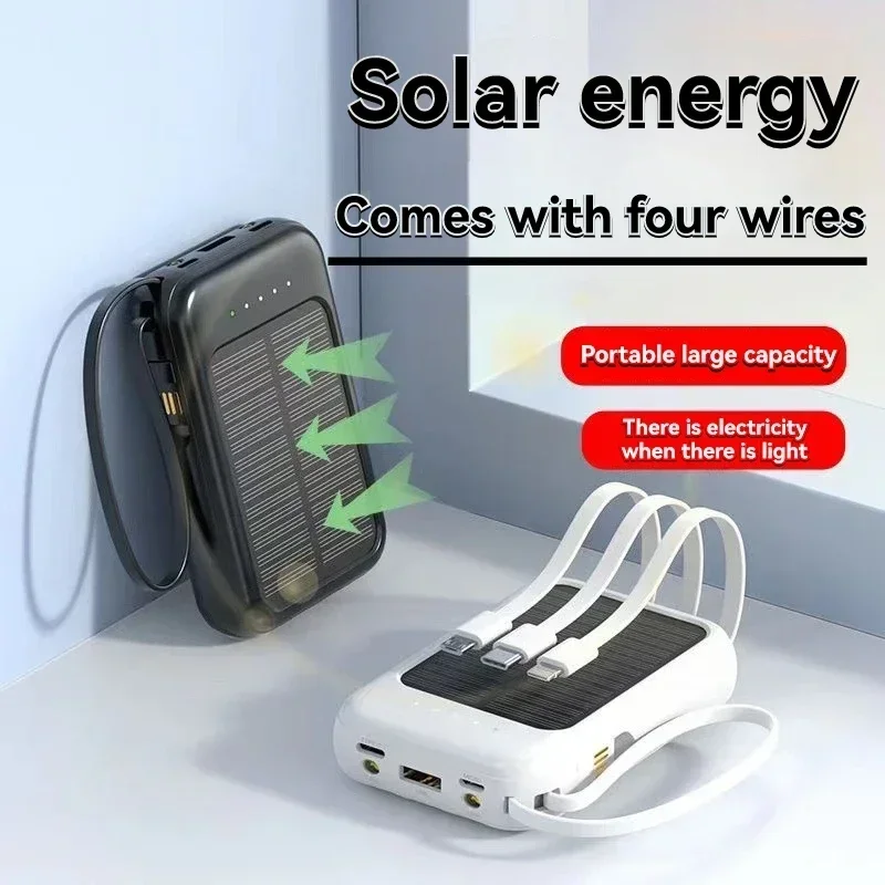 4-wire solar power bank, 5000mAh fast charging, compact and large capacity, suitable for iPhone and Android phones