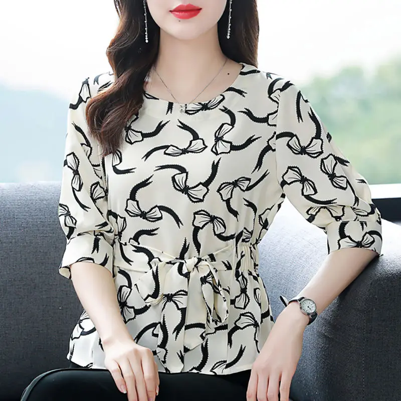 Summer Women\'s Clothing Crew Neck Pullover Chiffon Geometric Bandage Printing Short Sleeve Casual T-shirt Elegant Commuter Tops