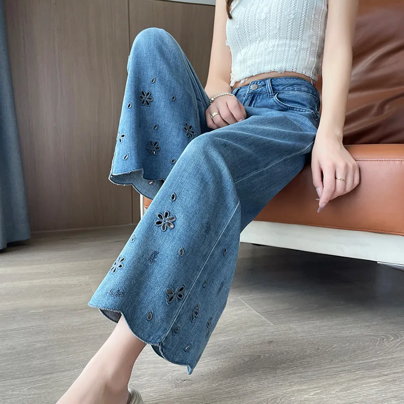 

Модные синие джинсы с цветочной вышивкой, хлопковые женские летние ретро-нишевые укороченные брюки для похудения в тяжелой промышленности