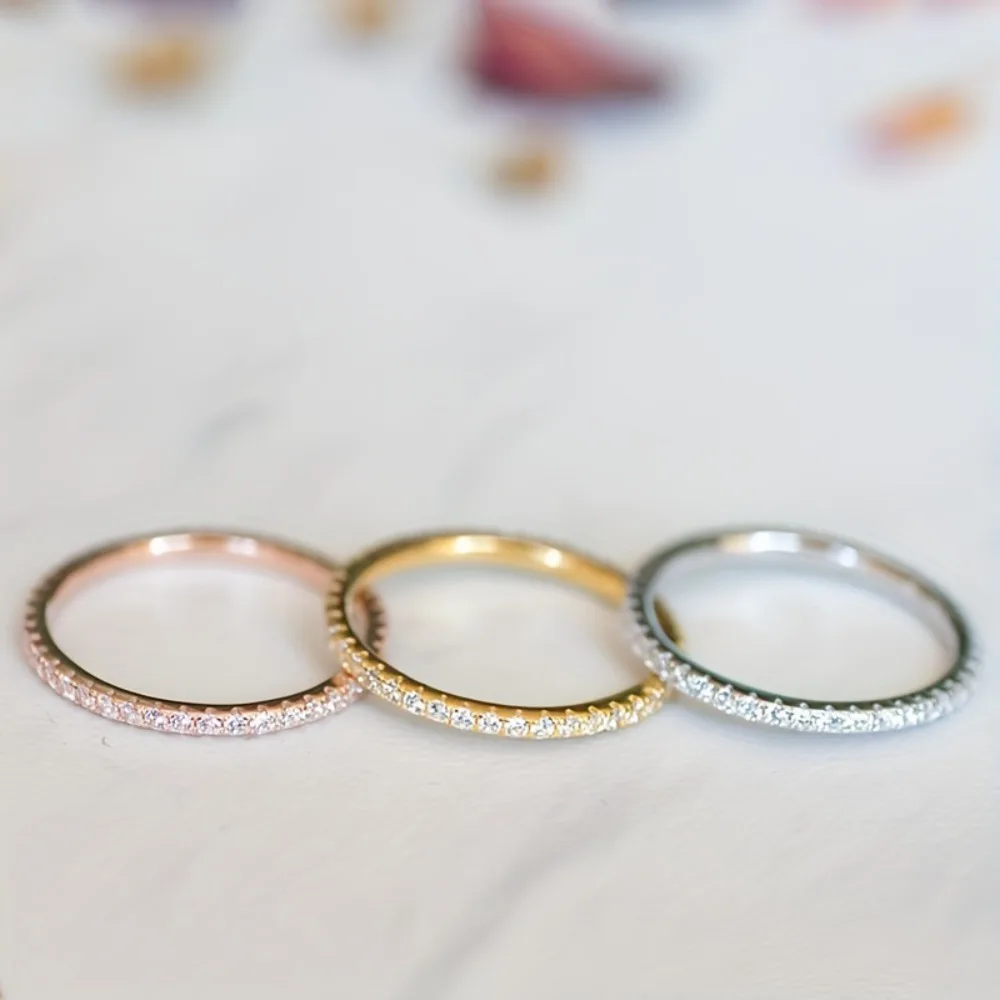 3 Tone Stackable Eternity Ring Set, Gold Silver Rose Gold Full Paved Cubic Zirconia Half Eternity Band Stacking Rings for Women