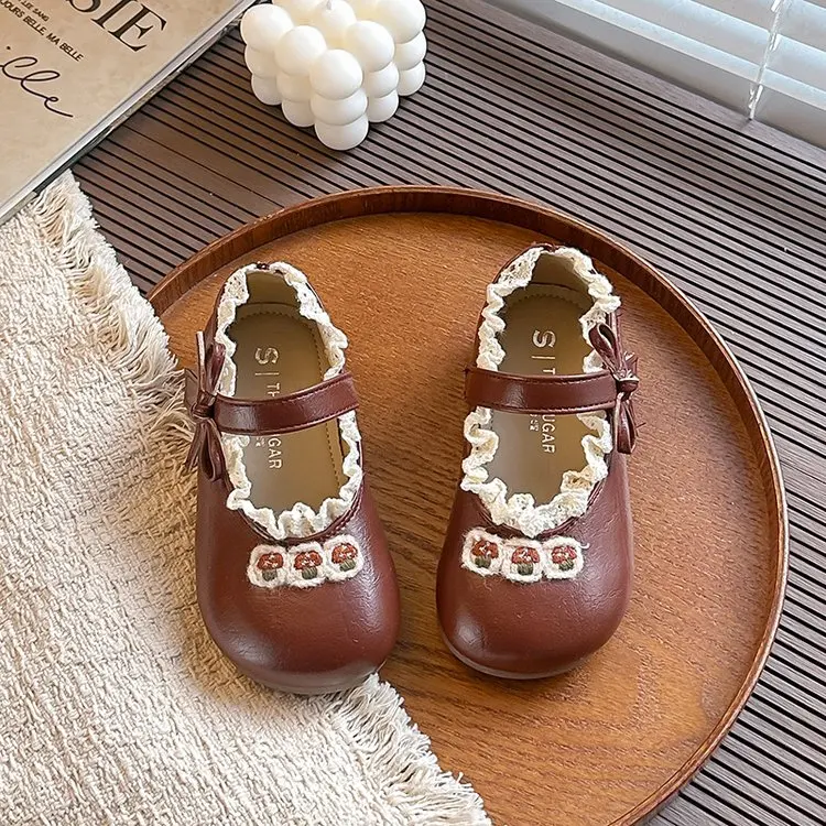 Children's Leather Shoes Spring Autumn Versatile Kids Mary Jane Shoes Fashion Embroidered Flower Causal Princess Shoes for Girls