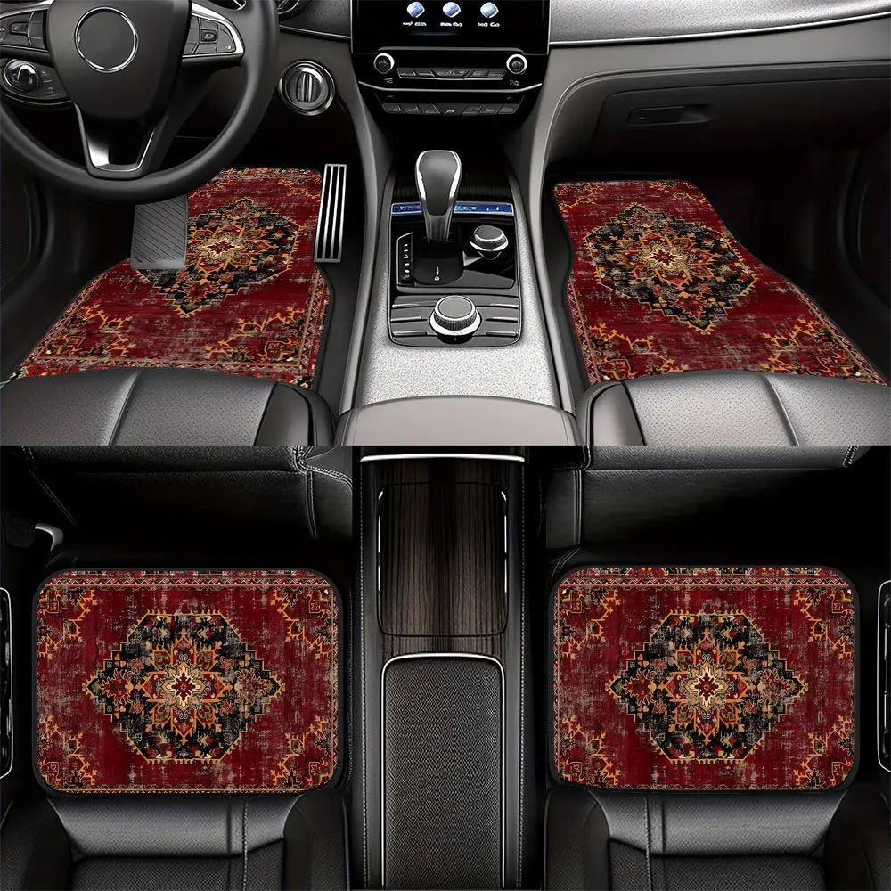 

2pcs/4pcs Bohemian Retro Yellow And Red Car Floor Mat Set - Durable Easy-Clean Polyester Material, Suitable For All Models - Sty
