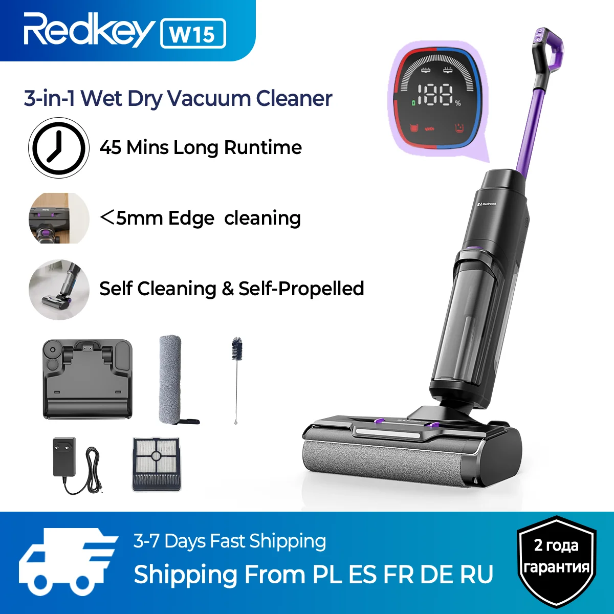 Redkey W15 Wireless Wet and Dry Vacuum Cleaner, Edge Cleaning, 45min Runtime, 3 in 1 Cordless Vacuum Mop with Self-Washing