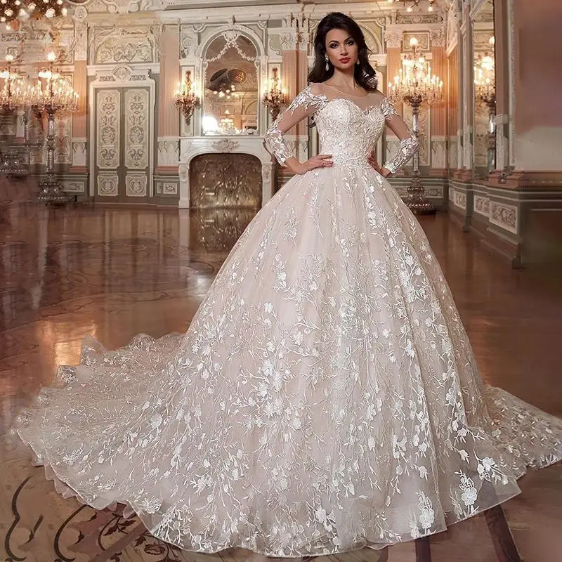 

Ball Gown Wedding Dresses Vestidos De Noiva Long Sleeves Sashes Appliques Princess Wedding Gown Long Sleeves