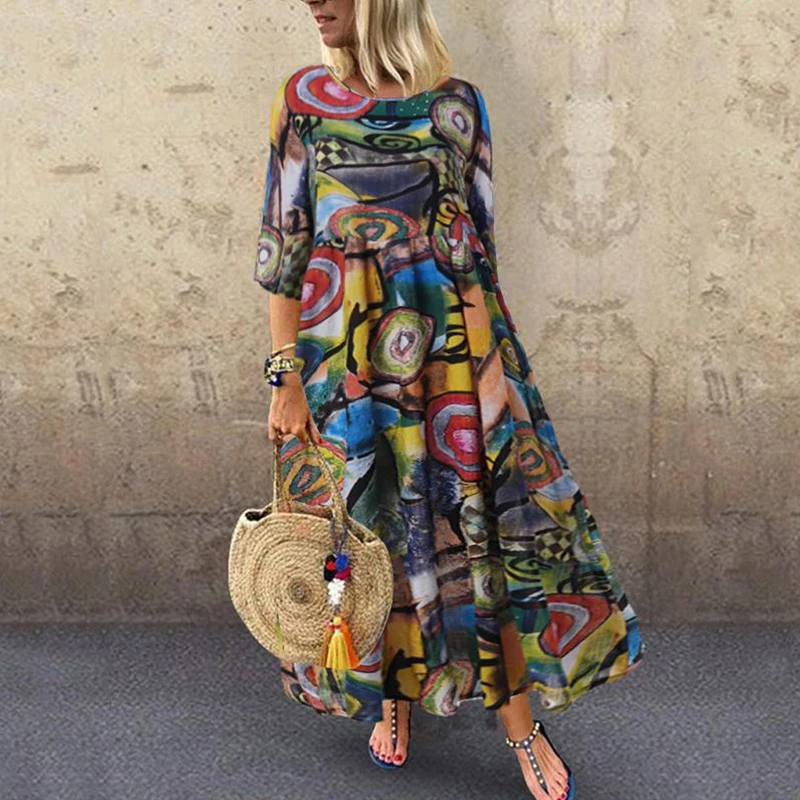 Mode Kurzarm Lose Elegante Gedruckt Maxi Lange Kleid Frauen Casual O Neck A-line Bohi Party Kleider Weibliche Urlaub Kleidung