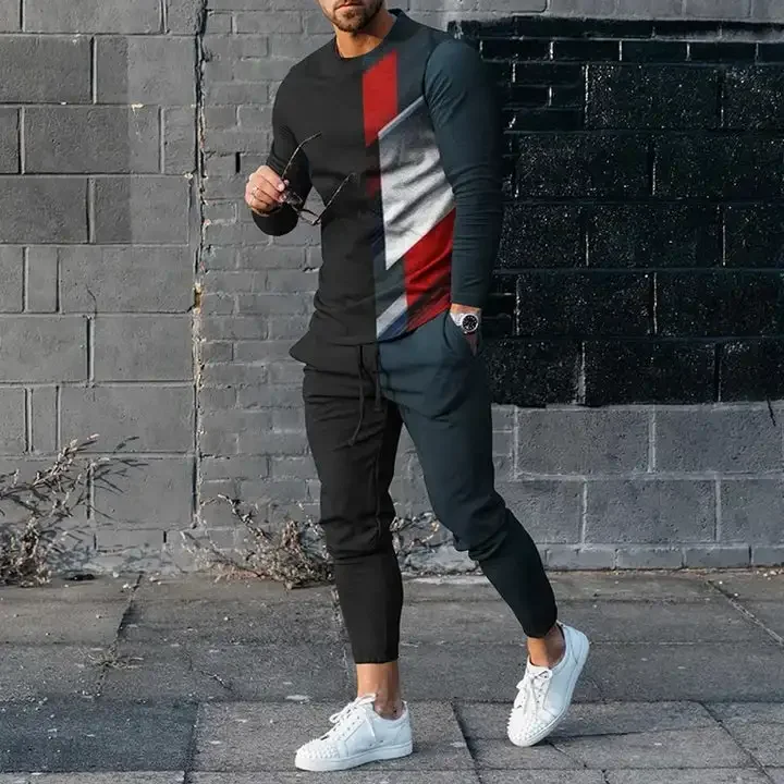 Men's Long Sleeve T-shirts and Pants Two Piece Retro Red Geometry 3D Printed Men's Sets Casual Suit