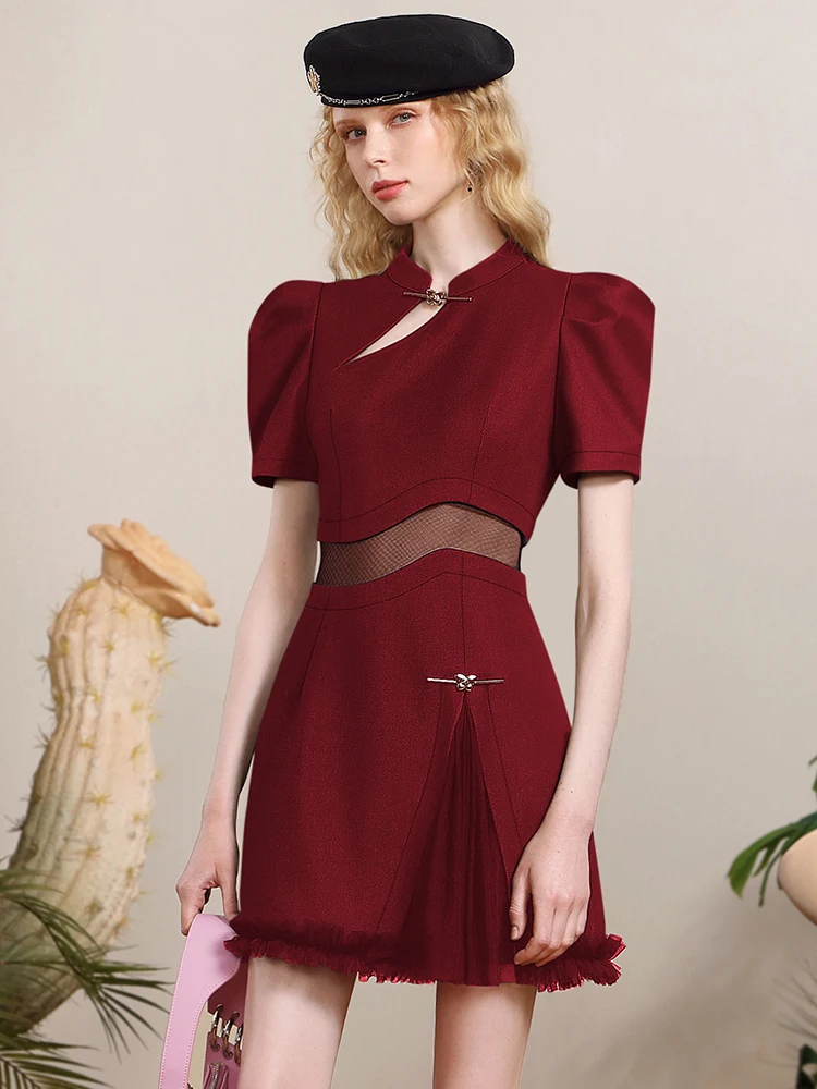 New Chinese Red Dresses 2024 Summer Elegance Retro Style Textured Waist-Tight Bottoming Dress Women Streetwear Y2k Dress