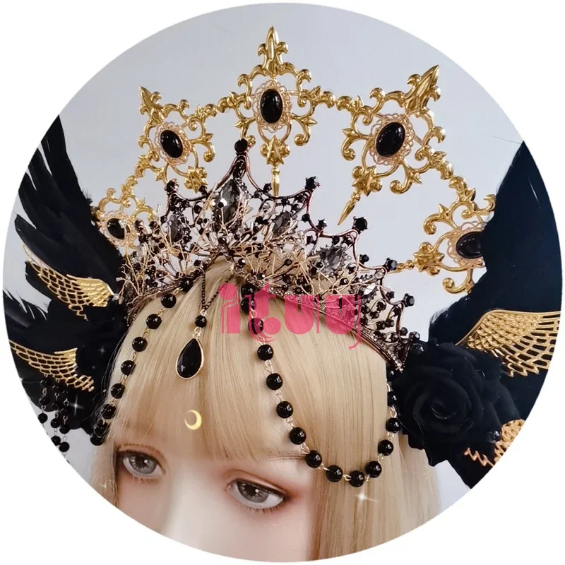 สีแดง Baroque Gothic Rose Angel Wings Halo Crown Headwear Sun Godmother's Retro Gorgeous Lolita KC Crown Headband อุปกรณ์เสริมผม