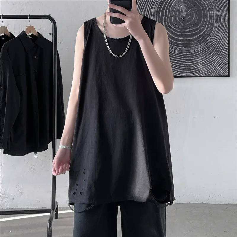 Summer Solid Color Polo Vest For Mens Loose Tide Hip-hop Sleeveless Joker T-shirt Male Fashion Personality Hole Bottoming Shirts