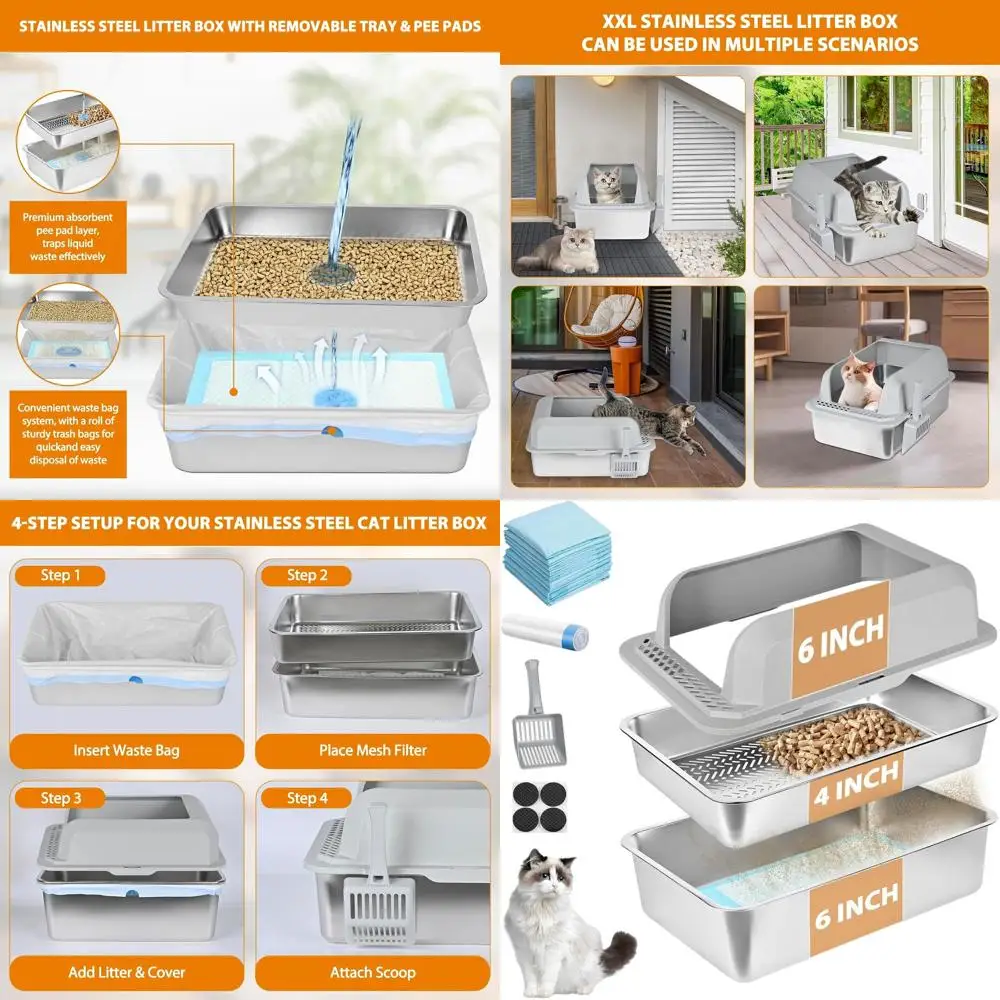 

Indoor Metal Cat Litter Box with Sifting Pellet Sieve, 23.6x15.7x12, Lid, Scoop & 10 Urine Pads