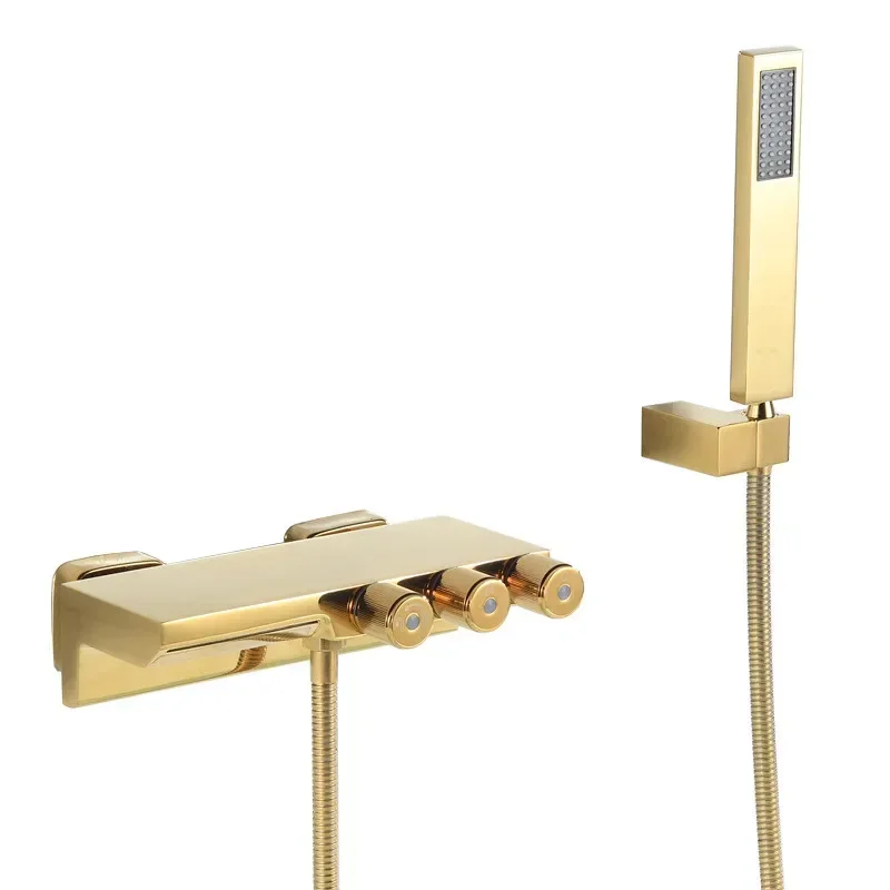 

Gold Bathtub Shower Set Wall Mounted Brushed Gold Bathtub Faucet Bathroom Waterfall Bath & Mixer Tap Brass New