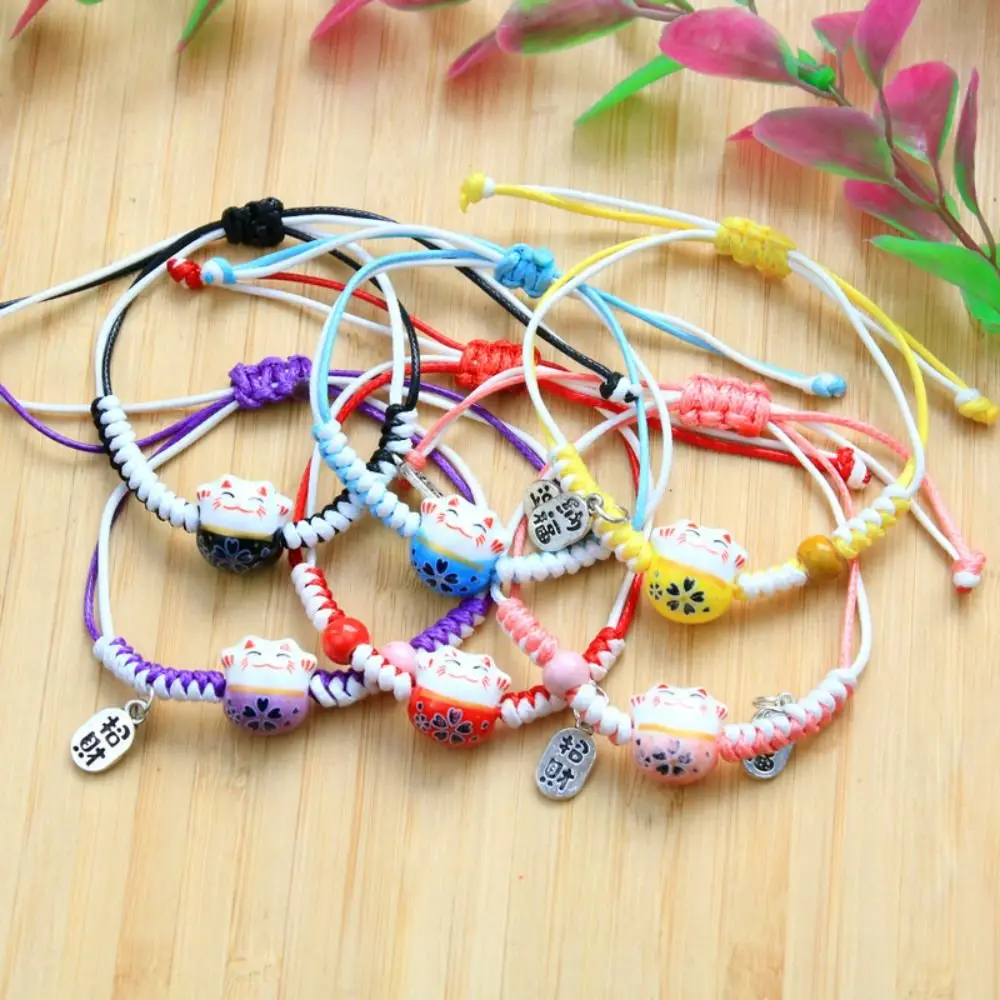 Ceramic Cat Pendant Maneki Neko Bracelet Hand Rope Handmade Red Braided Rope Wax Thread Jewelry Accessories Women Hand Ring
