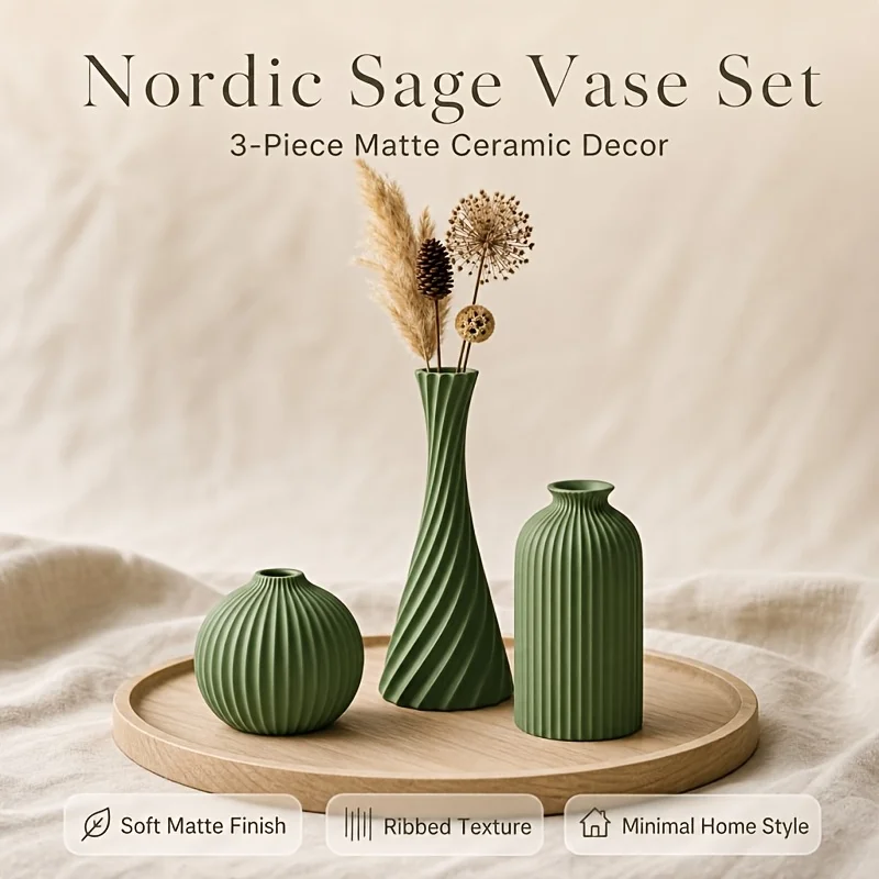 3Pack Dried Floral Vase Trio Matte Sage Green Twisted Fluted Vase Minimalist Nordic Decor For Living Room Shelf Dry Stems Preser