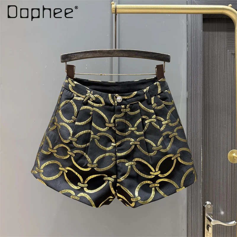 

Gold Stamping Printed Suit Shorts Women Autumn New Retro Loose Casual Wide-Leg Pants Commuting Style Fashion High-Waisted Shorts