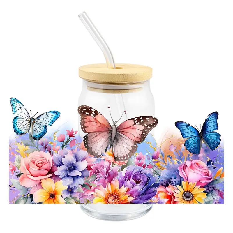 3D UV DTF Wrap Transfer Stickers Colorful Flowers Design DTF Wrap For Glasses Cups Mugs Waterproof Decal Custom Logo