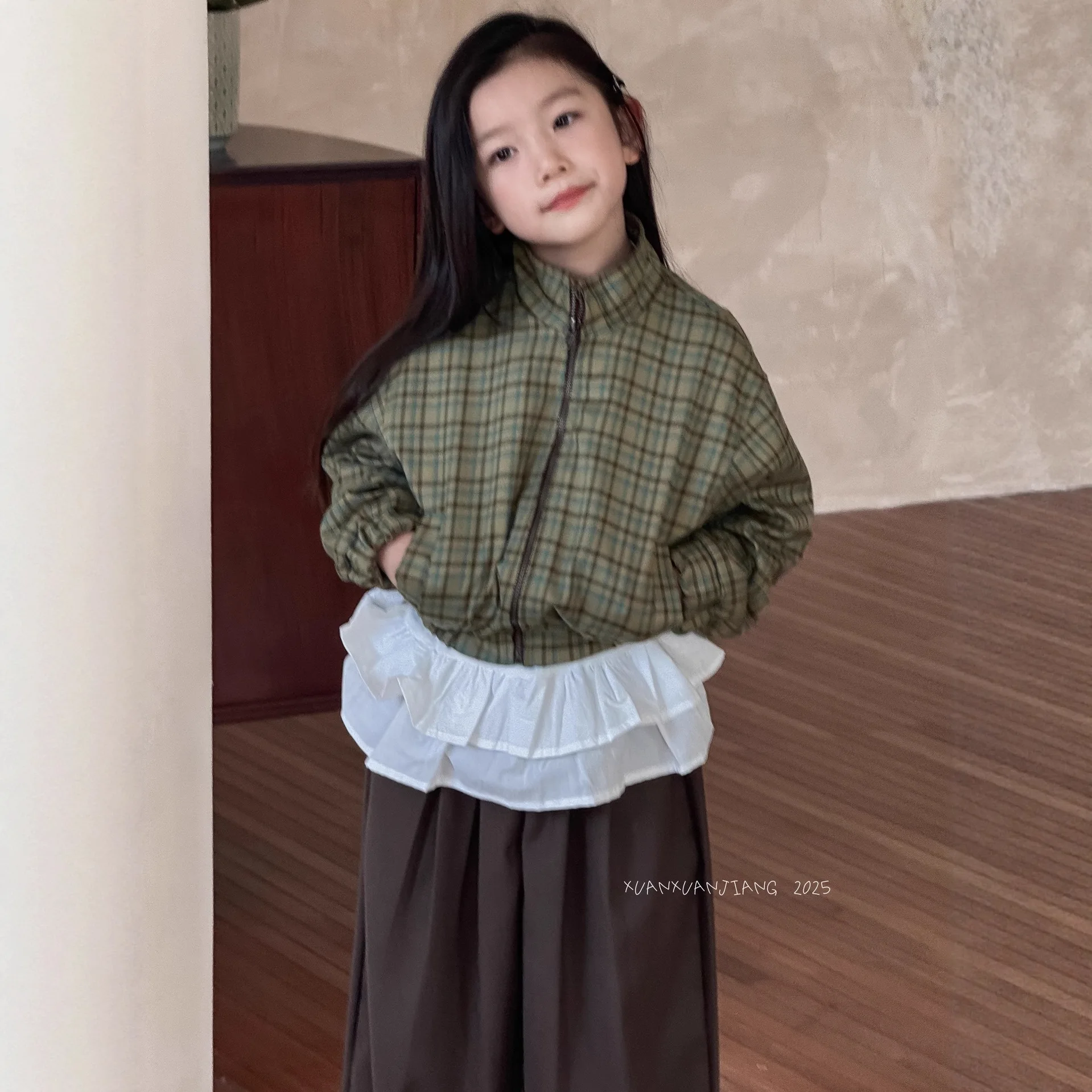 

Girls Coat 2025 Autumn New Children's Clothing Korean Style Girls Baby Green Plingham Baseball Casual Simple All Match