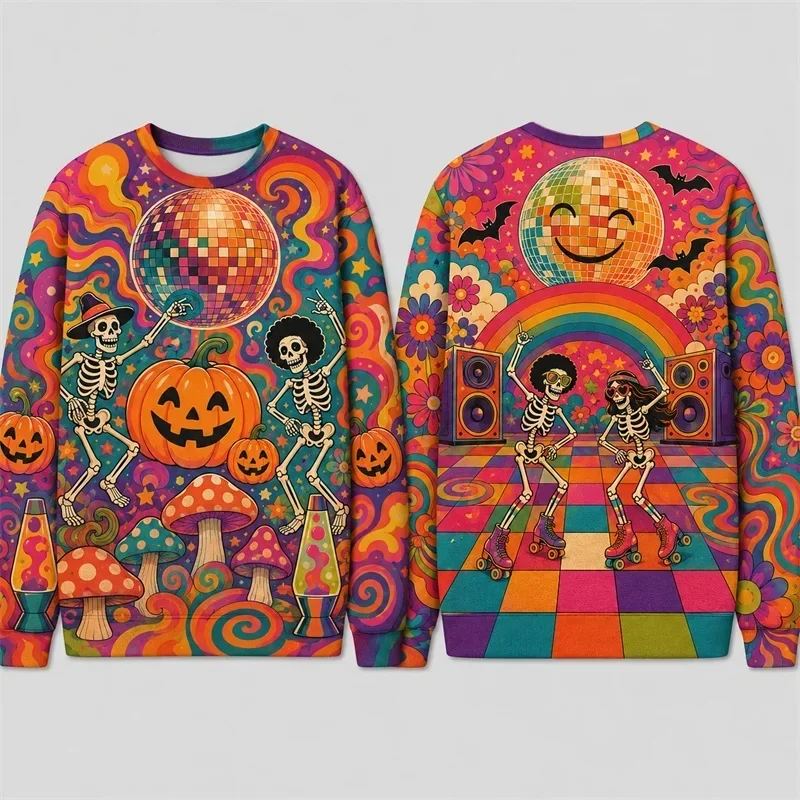 New Autumn 2026 Skeleton Surfing Motel Hoodie Men's Halloween 3D Printed Polyester Round Neck Long Sleeve Horror Street Leisure