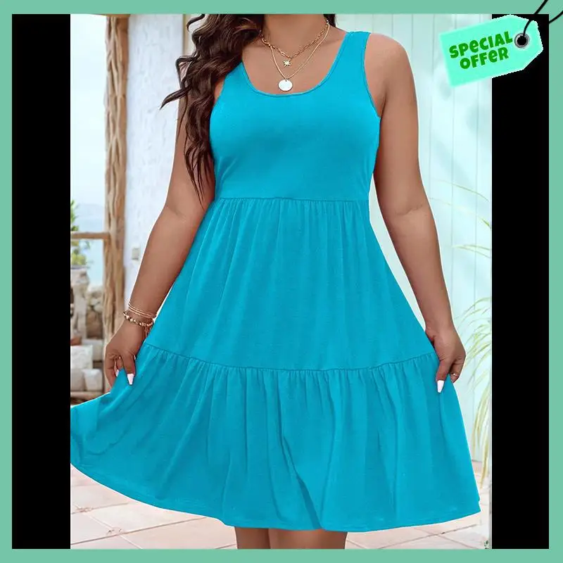 

Sturdy Women Oversized Cold Shoulder Soild Sleeveless Sundresses Ruffle Hem Tiered Short Dresses