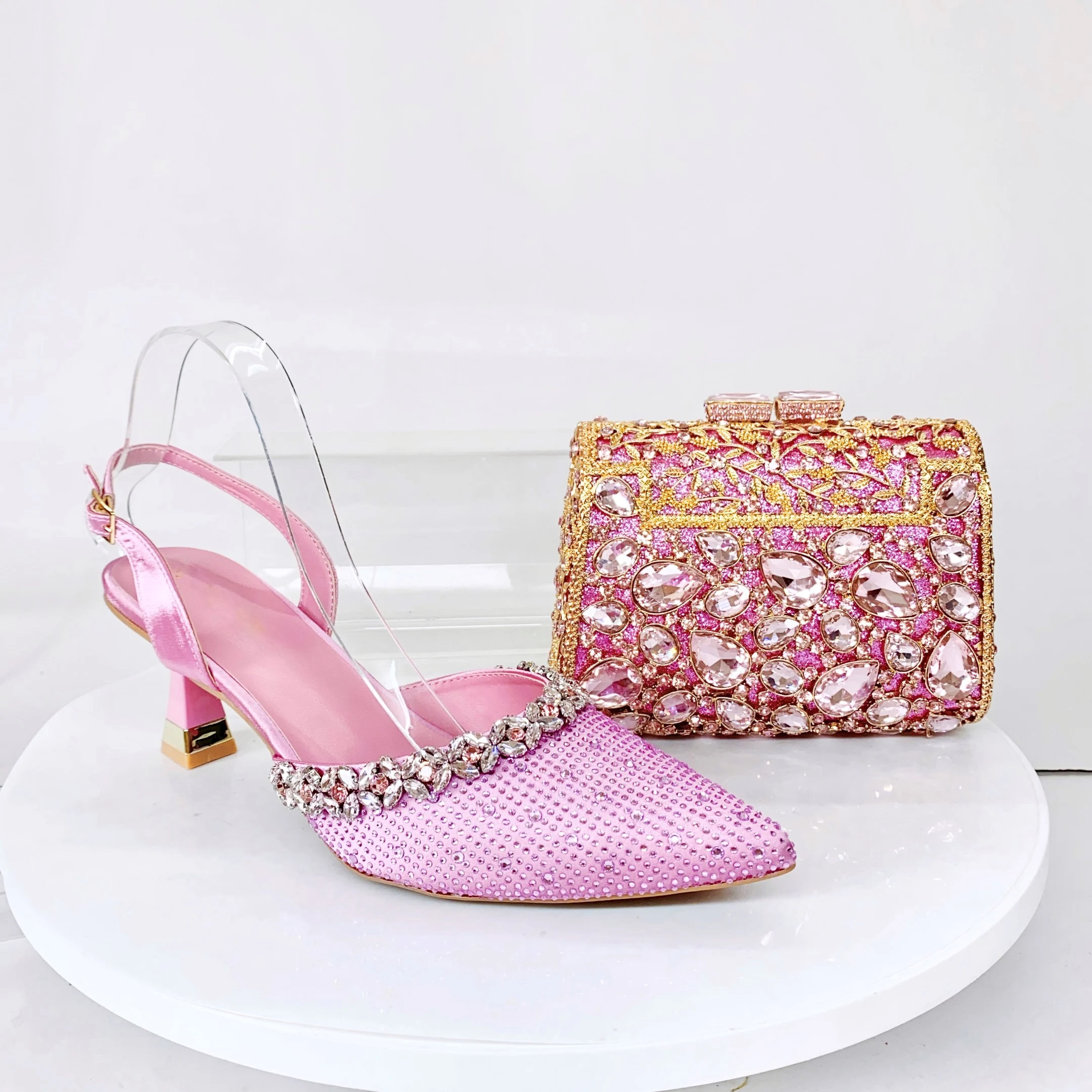 

LNATISNOVA Розовые туфли и сумка с кристаллами, комплект для вечеринок, женские сандалии со стразами и клатчем, элегантные туфли на каблуке для свадебной сумки