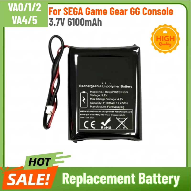 고품질 VA0/1/2 VA4/5 배터리, 3.7V, 6100mAh, SEGA 게임 기어 GG 콘솔용 교체 배터리