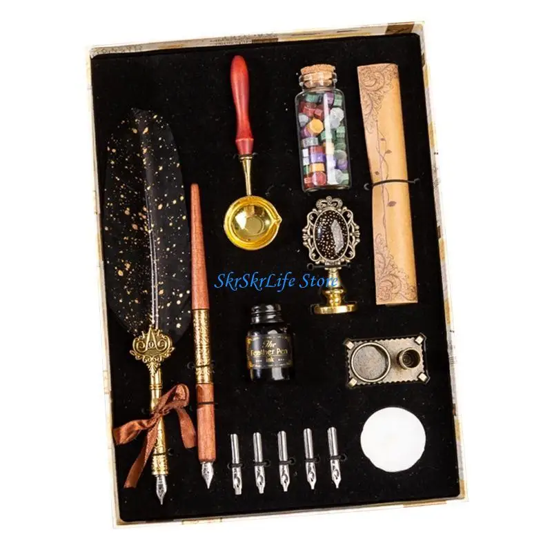 E65E Vintage Quill Dip Pen Set Wax Seal for Beginners Kids Art Gothic