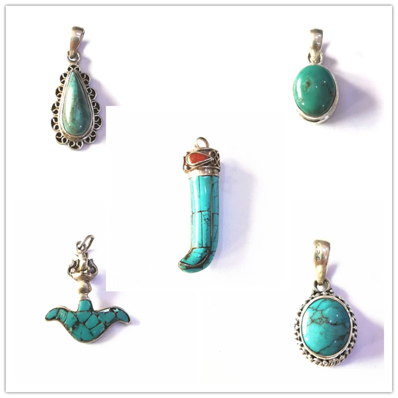 Multi Designs Real Turquoise Big Charms 925 Silver Inlaid Stone Pendant Vintage Semi-precious Jewelry T9121