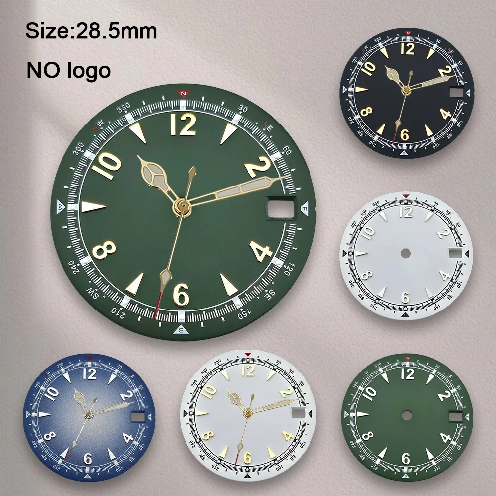 High-Quality 28.5 mm No Logo Blank Dial For NH35 Movement Green Luminous Custom Logo Watch Dials Hands Accessories Repair Tools