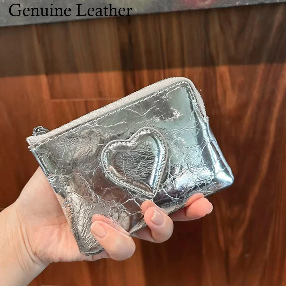 Y2K Women 2026 Trendy Zipper Card Pouch with Chain Genuine Leather Top Layer Cow Leather Coin Purse Cracked Oil Wax Heart Decors