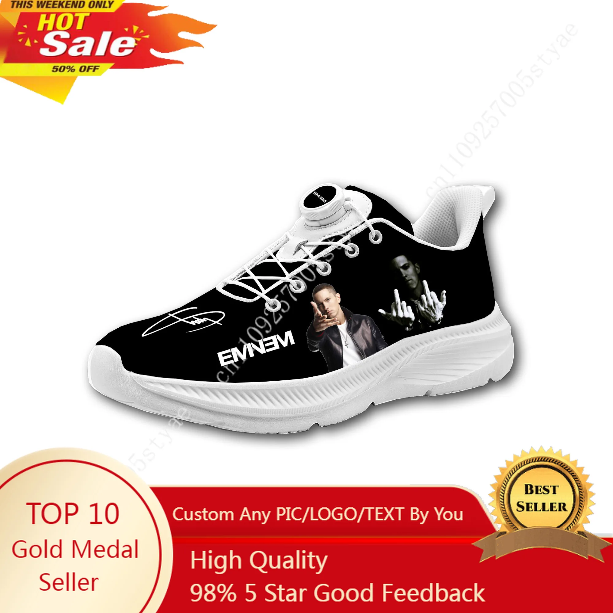 

Eminem hip-hop Rapper Mens Womens Casual Hiking Shoes Laceless Rotating Button Sports Shoes lightweight Custom Sneaker