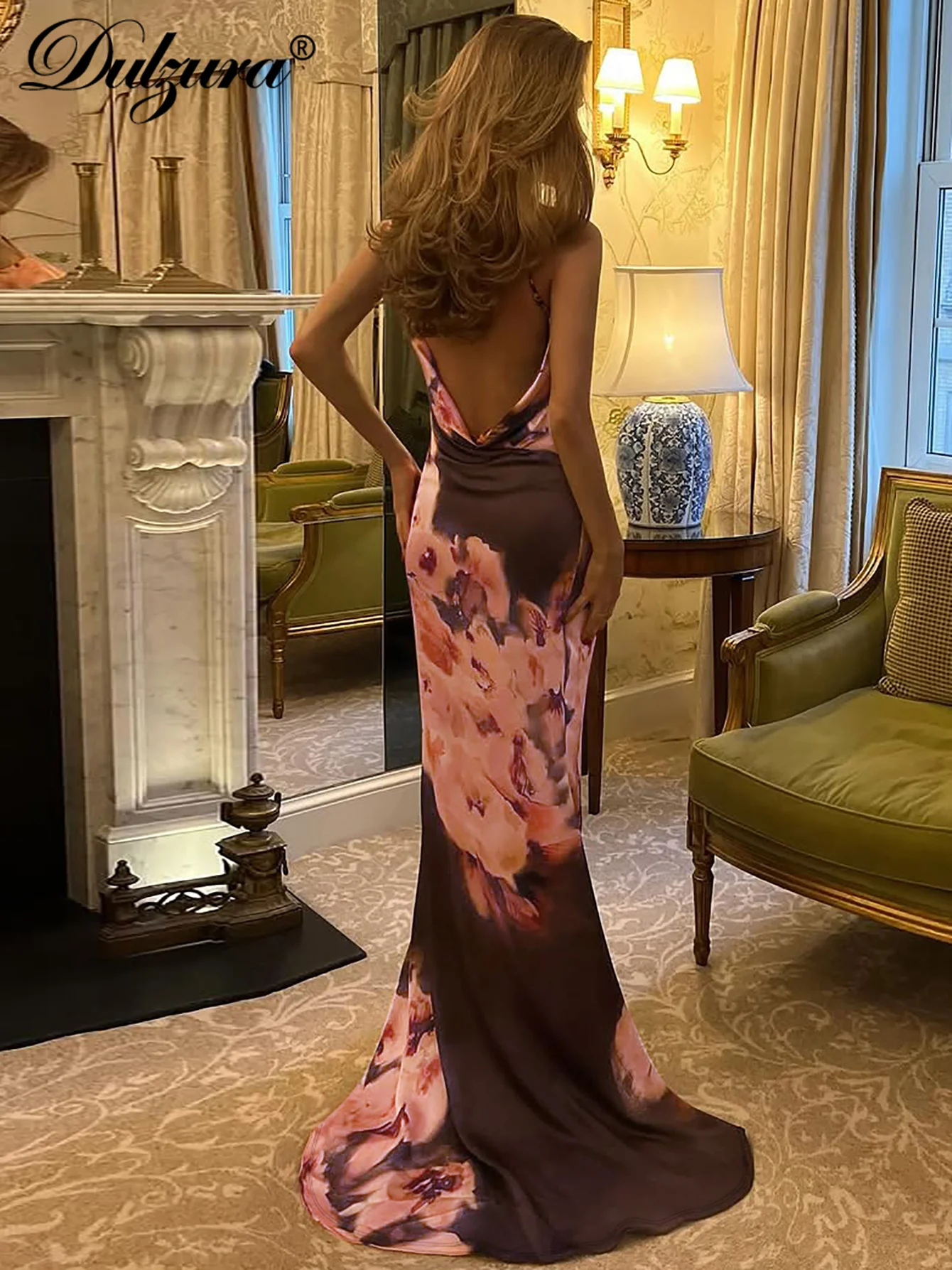 Dulzura bez rękawów obcisła sukienka z odkrytymi plecami nieregularny nadruk Cami Maxi sukienka seksowna elegancka długa sukienka na co dzień odzież klubowa strój letni