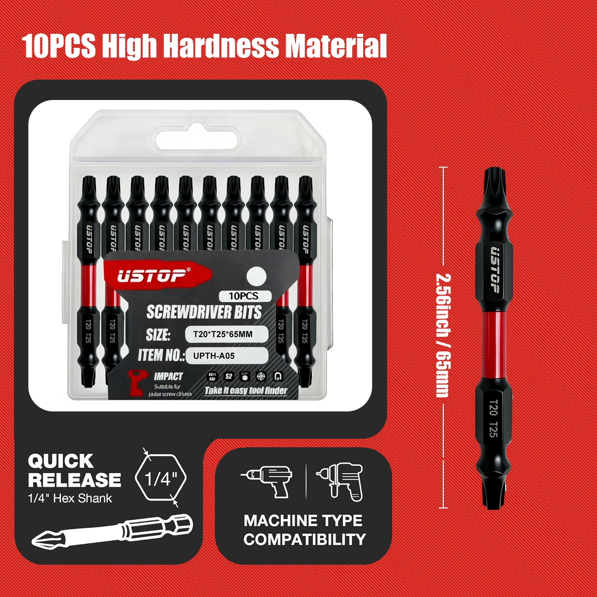 10-Piece Set of S2 Steel T10/15 T20/25 T30/40 Double-Headed Impact Bits 65mm Magnetic Anti-Twist High-Hardness Screwdriver Bits