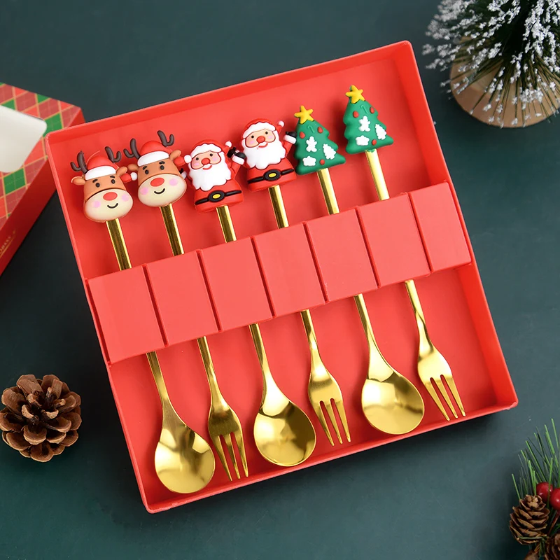 

2/4/6pcs Christmas Glod Spoon Fork Set Stainless Steel With Gift Box Tableware Desser Fork Coffee Spoon 2025 New Year Navidad