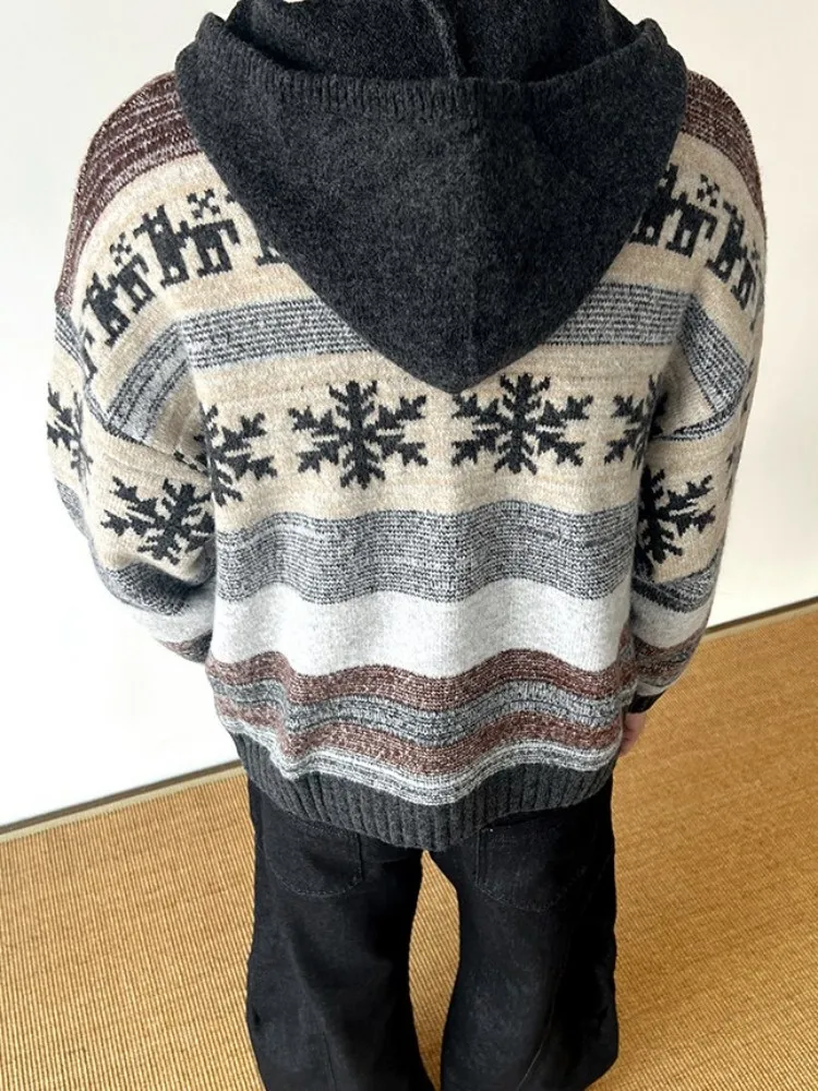 Vintage Mens Autumn Winter Hooded Knitted Cardigan Jacket Warm Casual Harajuku Striped Sweater Long Sleeve Zip Streetwear Tops
