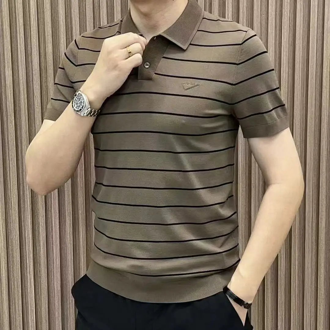 Business Casual Men Polo Shirts Summer Lapel Striped Button Thin Style Luxury Fashion Office Social Short Sleeve Knitted Tops