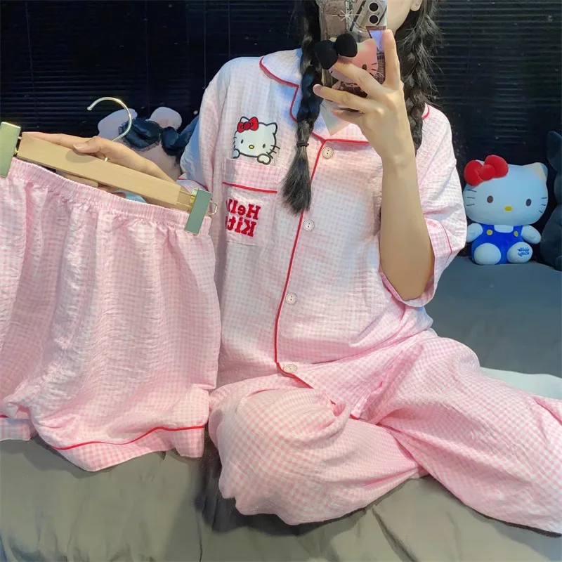 3Pcs Sanrio Long Shorts Pajamas Hello Kitty Melody Kuromi Kawaii Short Sleeved Loose Sleepwear Pajamas Sets Short Clothes Gift