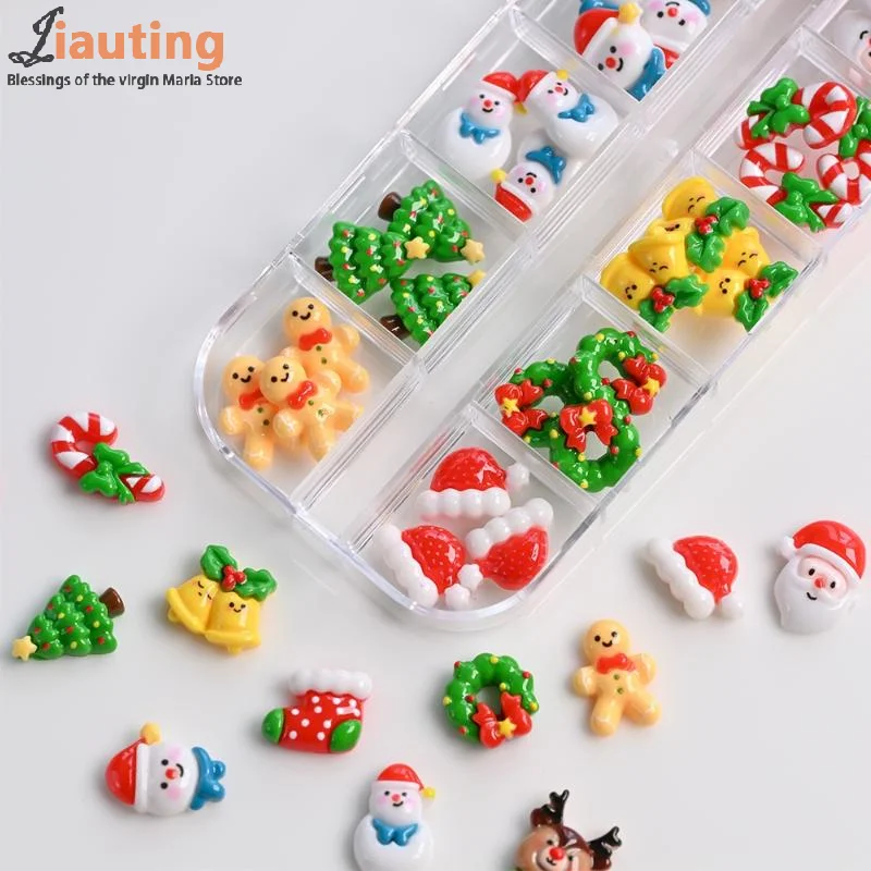 12 Griglia 36/60 Pz Kawaii Mini Pupazzo di Neve Albero di Natale Pendenti e Ciondoli per unghie 3D Renna Babbo Natale Strass per unghie Resina Gemme per unghie di Natale