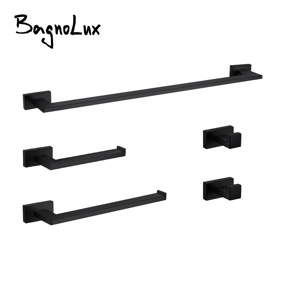 Bathroom Accessories Black 5 pcs Bathroom Hardware Accessories Set Wall Mounted Towel Bar Set Robe Hook Paper Holder Towel Ring