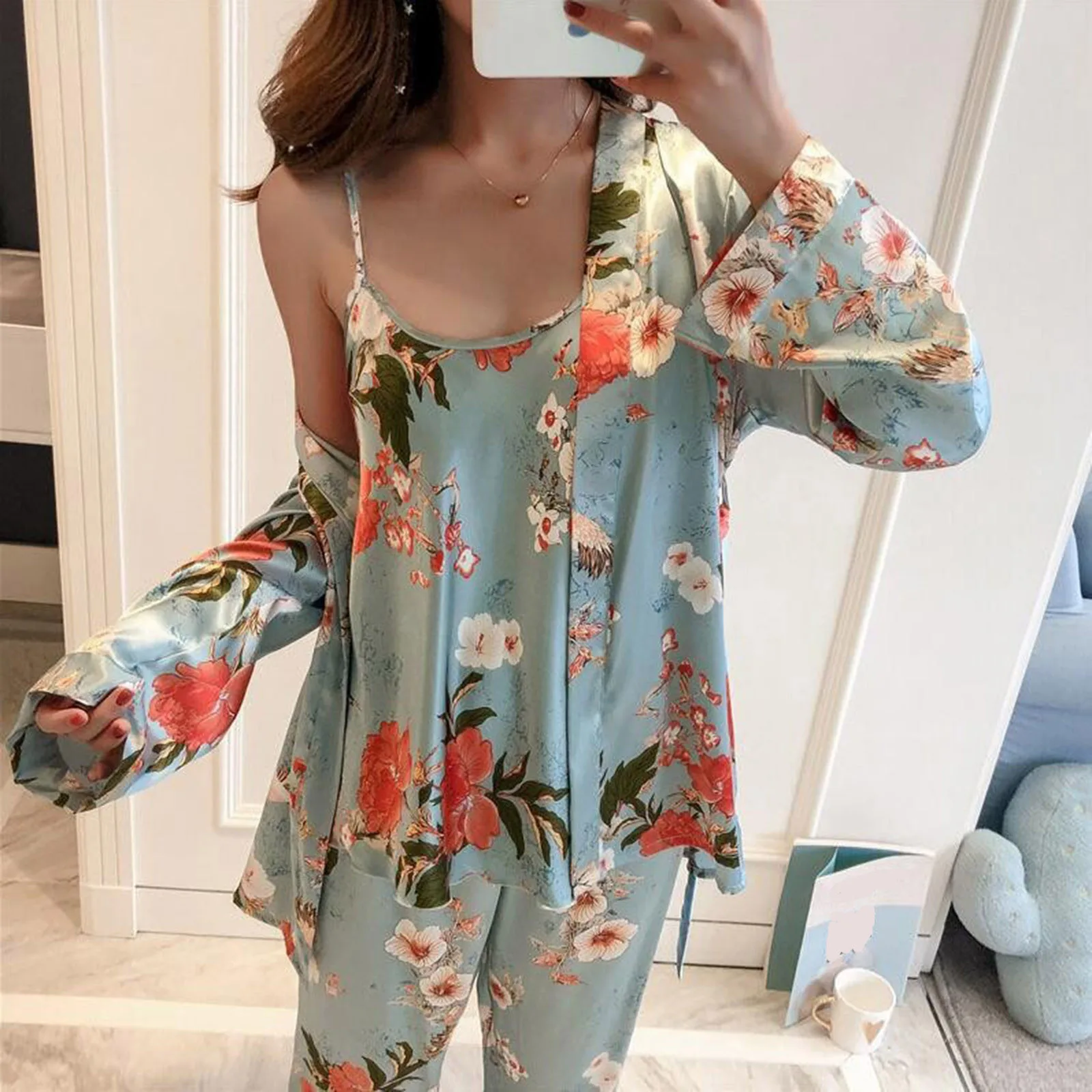 Three Piece Pajamas Set Women\'S Homewear Vintage Floral Camisoles Top Pants Kimono Cardigan Shirt Satin Silk Pj Set Loungewear