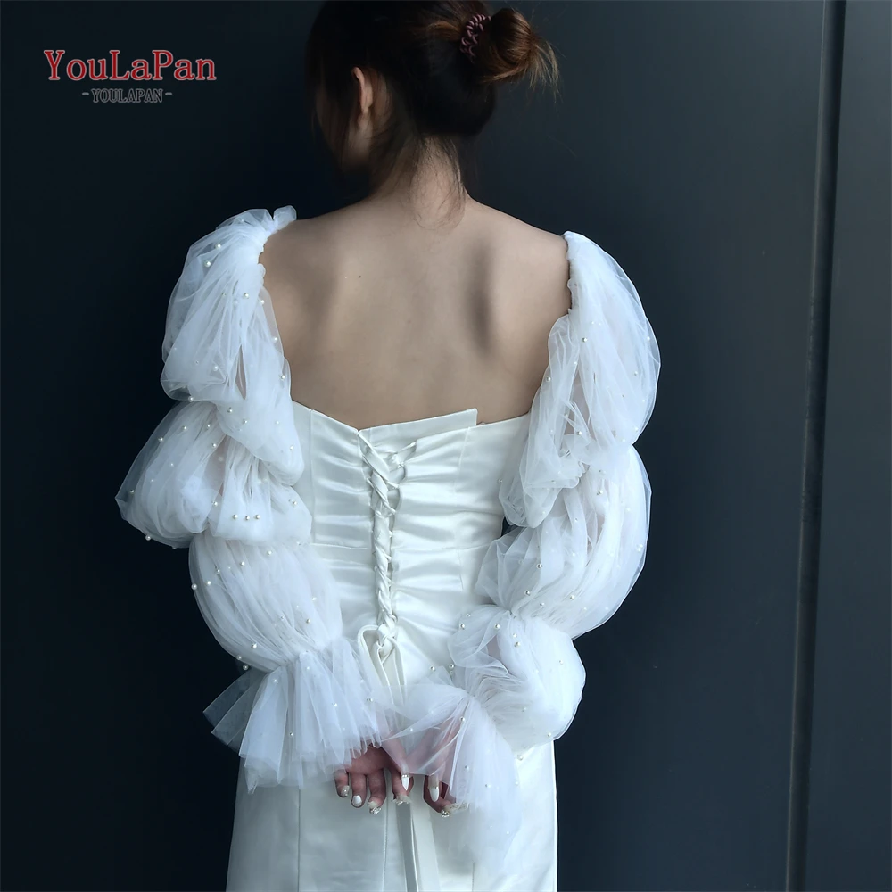 YouLaPan Bridal Long Sleeve Women's Arm Sleeves for Wedding Dress Wedding Puff Sleeve Pearls Oversize Long See-Through VM28  DIY