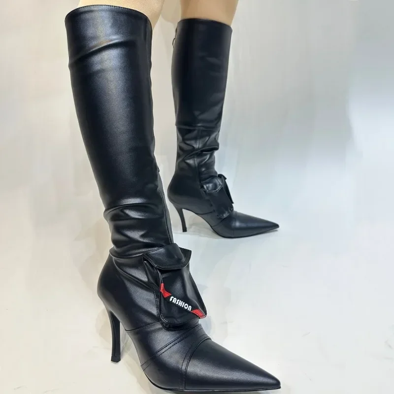 Brand Black Denim Double Pocket Design Knee High Boots Autumn Winter Women Sewing Thread Casual Grey High Heels Shoes Size 34-43