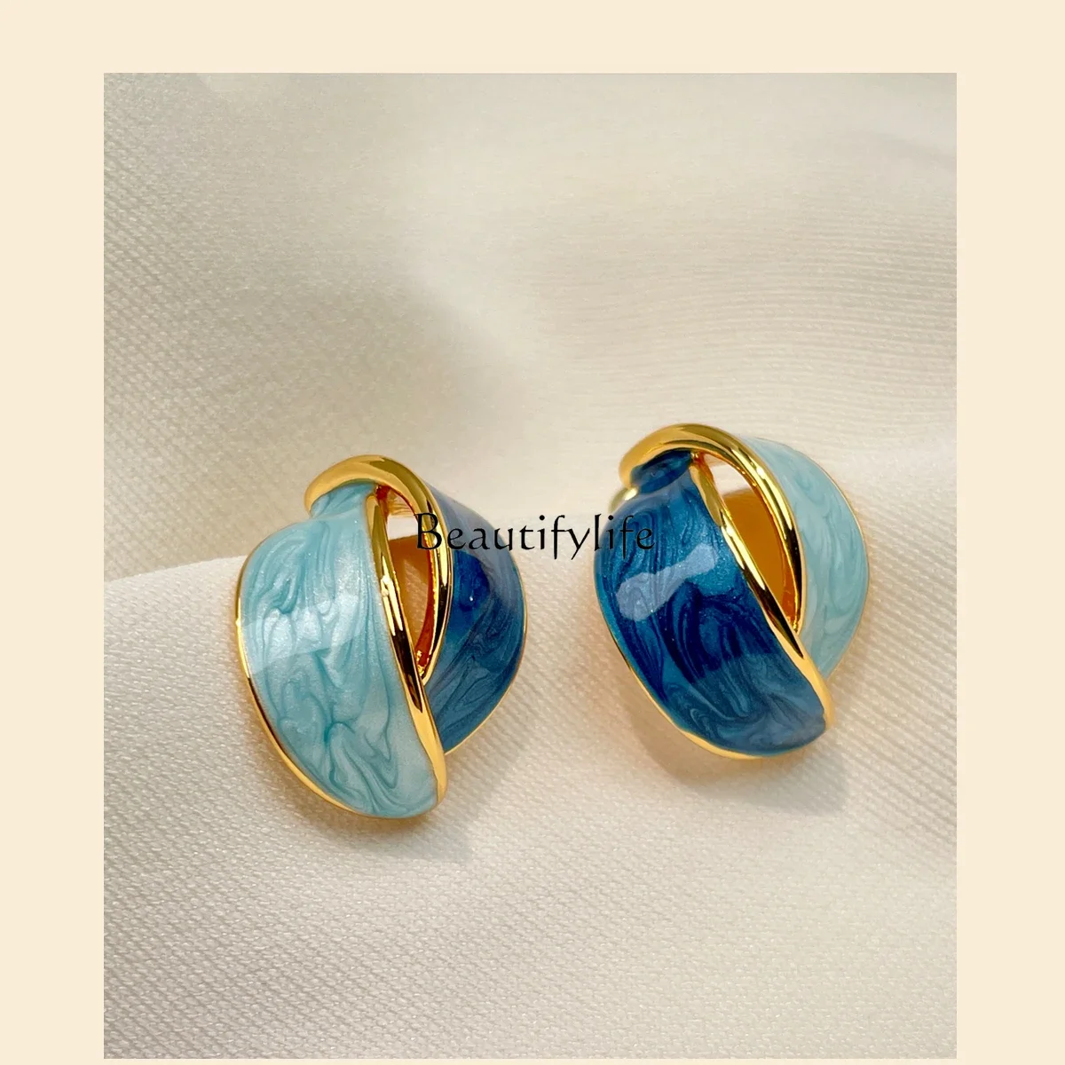 

French high-end earrings women's retro enamel new light luxury blue earrings