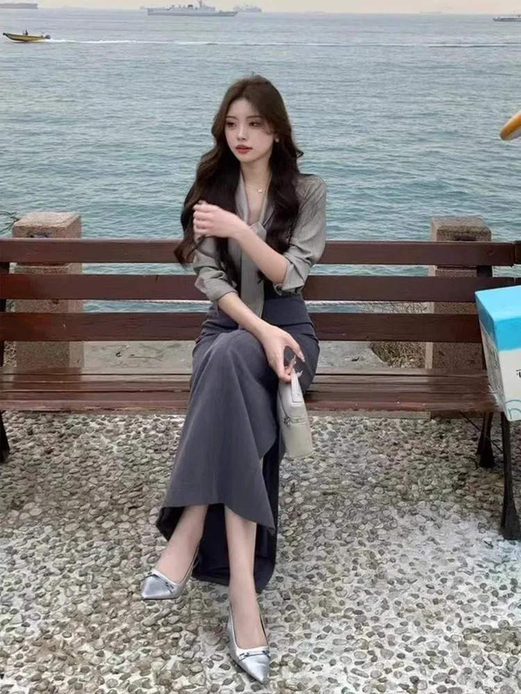 

Spring 2025 High Waist f Skirt Set V-Ne Rope Tied Knot Slimming Pleated Two-Piece Women's Faion Ensemble